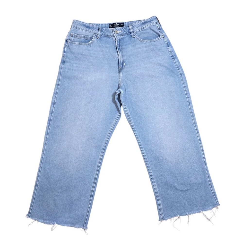 Hollister Wide Leg Crop Jeans Womens 14 R High Rise Raw Hem Light Wash 27 Inseam